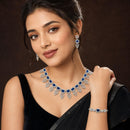ZENEME Set of 3 Rhodium Plated AD Rectangular Halo Paisley Fringe Necklace Set & Wraparound Bracelet Jewellery Set For Women & Girls Silver Toned