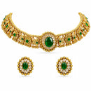 ZENEME Gold Toned Brass CZ Choker Necklace Set for Women Traditional Stone Beaded Green Stone Jewellery Set with Matching Earrings