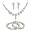 ZENEME Rhodium Plated Pink & Green American Diamond Pastel Floral Vine Necklace Set with Earrings & Set of 2 Bangles for Women & Girls