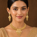 ZENEME Gold Plated Alloy Leaf Fringe Heritage Temple Necklace Set with Matching Earring Jewellery Set For Women & Girls