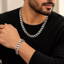 Silver Plated Bold Classic Cuban Link Chain & Bracelet Set for Men & Boys