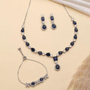 ZENEME Set of 3 Rhodium Plated AD Emerald Teardrop Halo Necklace Set & Bracelet For Woman