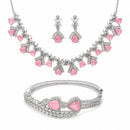 ZENEME Set of 3 Rhodium Plated AD Floral Fringe Bracelets & Necklace Set Jewellery Set For Women & Girls Silver Toned
