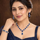ZENEME Set of 3 Rhodium Plated AD Emerald Teardrop Halo Necklace Set & Bracelet For Woman