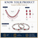ZENEME Rhodium Plated Red American Diamond Baguette Bloom Fringe Necklace Set with Earrings & Set of 2 Bangles for Women & Girls