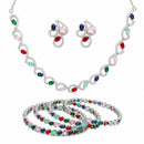 ZENEME Rhodium Plated Multicolor American Diamond Swirl Link Tennis Line Necklace Set with Earrings & Set of 2 Bangles for Women & Girls