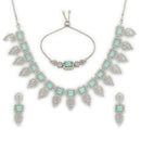 ZENEME Set of 3 Rhodium Plated AD Emerald-Cut Leaf Fringe Necklace Set & Wraparound Bracelet Jewellery Set For Women & Girls Silver Toned