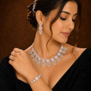 ZENEME Set of 3 Rhodium Plated AD Crystal Leaf Fringe Necklace Set & Wraparound Bracelet Jewellery Set For Women & Girls Silver Toned