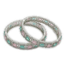 ZENEME Rhodium Plated Pink & Green American Diamond Pastel Square-Cut Tennis Line Necklace Set with Earrings & Set of 2 Bangles for Women & Girls
