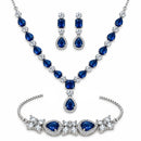 ZENEME Set of 3 Rhodium Plated AD Emerald Teardrop Halo Necklace Set & Bracelet For Woman