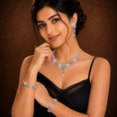 ZENEME Rhodium Plated Pink & Green American Diamond Pastel Floral Vine Necklace Set with Earrings & Set of 2 Bangles for Women & Girls