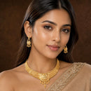 ZENEME Gold Plated Alloy Leaf Cascade Traditional Temple Necklace Set with Matching Earring Jewellery Set For Women & Girls