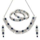 ZENEME Rhodium Plated Blue American Diamond Teardrop Halo Floral Fringe Necklace Set with Earrings & Set of 2 Bangles for Women & Girls