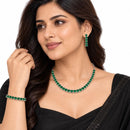 ZENEME Set of 3 Rhodium Plated Silver Toned American Diamond Studded Emerald Tennis Line Lightweight Adjustable Bracelet & Necklace Set for Women & Girls