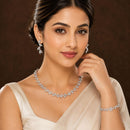 ZENEME Set of 3 Rhodium Plated AD Marquise Leaf Vine Necklace Set & Bracelet Jewellery Set For Women & Girls Silver Toned