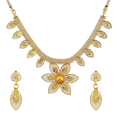 Gold Plated Intricate Floral Design Necklace Combo With Bracelet & Ring