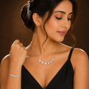ZENEME Set of 2 Silver Plated AD Pavé Leaf Cluster Link Necklace & Bracelet Combo Jewellery Set For Women & Girls Silver Toned