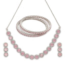 ZENEME Rhodium Plated Pink American Diamond Round Halo Tennis Line Necklace Set with Earrings & Set of 2 Bangles for Women & Girls