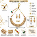 ZENEME Gold Toned White Stone Studded Kundan Style Choker Necklace Set with Pearl Drop Jhumka Earrings for Women & Girls