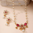 ZENEME Gold Plated AD Kundan Floral Ghungroo Pearl Drop Necklace with Matching Earring Jewellery Set For Women & Girls Gold Toned Necklace Set For Woman