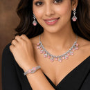 ZENEME Set of 3 Rhodium Plated AD Floral Fringe Bracelets & Necklace Set Jewellery Set For Women & Girls Silver Toned