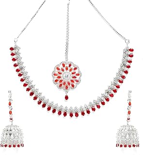 Rhodium-Plated with Silver-Tone & Red American Diamond Stone-Studded Jewellery Set Combo
