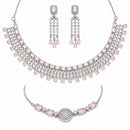 ZENEME Set of 3 Rhodium Plated AD Floral Fringe Bracelets & Necklace Set Jewellery Set For Women & Girls Silver Toned