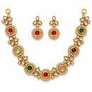 ZENEME Gold Plated AD Traditional Minimal Round Kundan Floral Necklace with Matching Earring Jewellery Set For Women & Girls Gold Toned Necklace Set For Woman