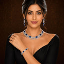 ZENEME Rhodium Plated Blue American Diamond Teardrop Halo Floral Fringe Necklace Set with Earrings & Set of 2 Bangles for Women & Girls