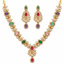 ZENEME Gold Plated AD Dual Teardrop Sunburst Necklace with Matching Earring Jewellery Set For Women & Girls Gold Toned Necklace Set For Woman