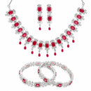 ZENEME Rhodium Plated Red American Diamond Baguette Bloom Fringe Necklace Set with Earrings & Set of 2 Bangles for Women & Girls