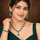 ZENEME Set of 3 Rhodium Plated AD Emerald Teardrop Halo Necklace Set & Bracelet For Woman