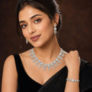 ZENEME Set of 3 Rhodium Plated AD Rectangular Halo Paisley Fringe Necklace Set & Wraparound Bracelet Jewellery Set For Women & Girls Silver Toned