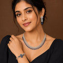 ZENEME Set of 3 Rhodium Plated AD Pear-Drop Double-Row Cascade Bracelets & Necklace Set Jewellery Set For Women & Girls Silver Toned