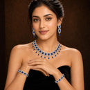 ZENEME Rhodium Plated Blue American Diamond Rectangular Radiance Fringe Necklace Set with Earrings & Set of 2 Bangles for Women & Girls