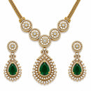 ZENEME Gold Plated AD Emerald Teardrop Floral Halo Necklace with Matching Earring Jewellery Set For Women & Girls Gold Toned Necklace Set For Woman