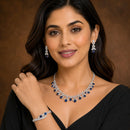 ZENEME Set of 3 Rhodium Plated AD Floral Fringe Bracelets & Necklace Set Jewellery Set For Women & Girls Silver Toned