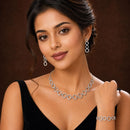 ZENEME Set of 3 Rhodium Plated AD Floral Fringe Bracelets & Necklace Set Jewellery Set For Women & Girls Silver Toned