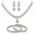 ZENEME Rhodium Plated White American Diamond Floral Cluster Teardrop Necklace Set with Earrings & Set of 2 Bangles for Women & Girls