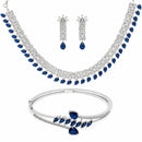 ZENEME Set of 3 Rhodium Plated AD Pear-Drop Double-Row Cascade Bracelets & Necklace Set Jewellery Set For Women & Girls Silver Toned