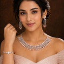 ZENEME Set of 3 Rhodium Plated AD Floral Fringe Bracelets & Necklace Set Jewellery Set For Women & Girls Silver Toned