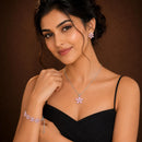 ZENEME Set of 3 Rhodium Plated AD Floral Fringe Bracelets & Necklace Set Jewellery Set For Women & Girls Silver Toned
