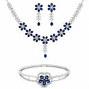 ZENEME Set of 3 Rhodium Plated AD Floral Fringe Bracelets & Necklace Set Jewellery Set For Women & Girls Silver Toned