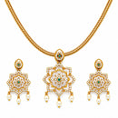 ZENEME Gold Plated AD Pearl Drop Traditional Floral Medallion Necklace Set with Matching Earring Jewellery Set For Women & Girls