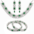 ZENEME Rhodium Plated Green American Diamond Rectangular Halo Floral Fringe Necklace Set with Earrings & Set of 2 Bangles for Women & Girls