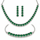 ZENEME Set of 3 Rhodium Plated Silver Toned American Diamond Studded Emerald Tennis Line Lightweight Adjustable Bracelet & Necklace Set for Women & Girls