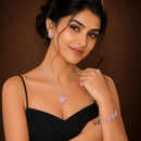 ZENEME Set of 3 Rhodium Plated AD Floral Fringe Bracelets & Necklace Set Jewellery Set For Women & Girls Silver Toned