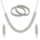 ZENEME Rhodium Plated White American Diamond Marquise Leaf Vine Necklace Set with Earrings & Set of 2 Bangles for Women & Girls