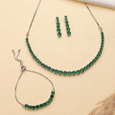 ZENEME Set of 3 Rhodium Plated Silver Toned American Diamond Studded Emerald Tennis Line Lightweight Adjustable Bracelet & Necklace Set for Women & Girls