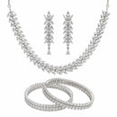 ZENEME Rhodium Plated White American Diamond Marquise Leaf Vine Necklace Set with Earrings & Set of 2 Bangles for Women & Girls
